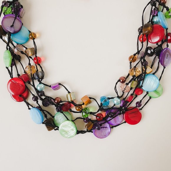 Premier Designs Bright Colorful Shell Glass Beaded Cord Funky Statement Necklace - Picture 4 of 12